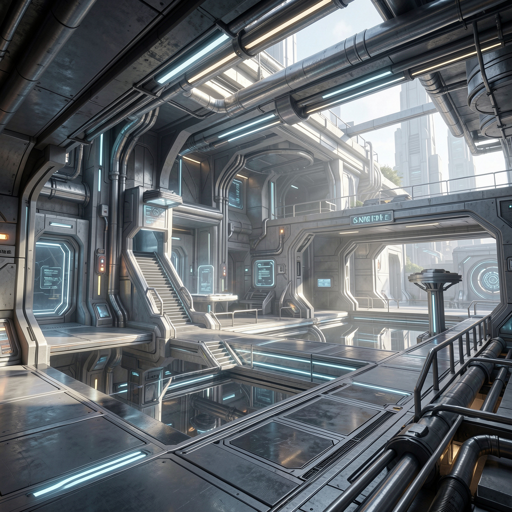 Photorealistic sci-fi environment with detailed architecture